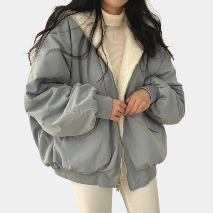 Fien | Veste d’hiver courte oversize pour femme à capuche en tissu teddy