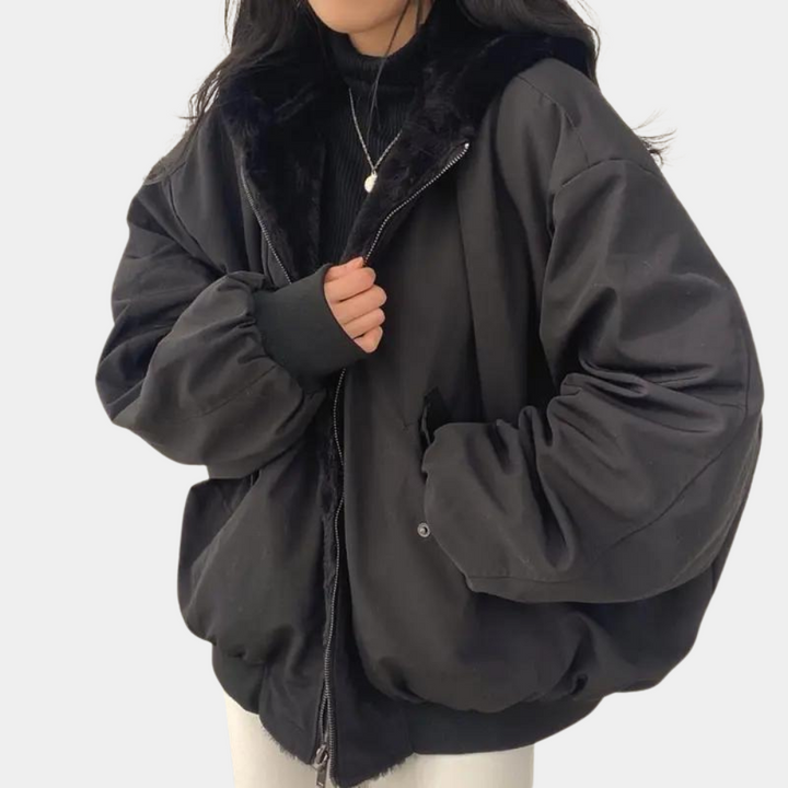 Fien | Veste d’hiver courte oversize pour femme à capuche en tissu teddy
