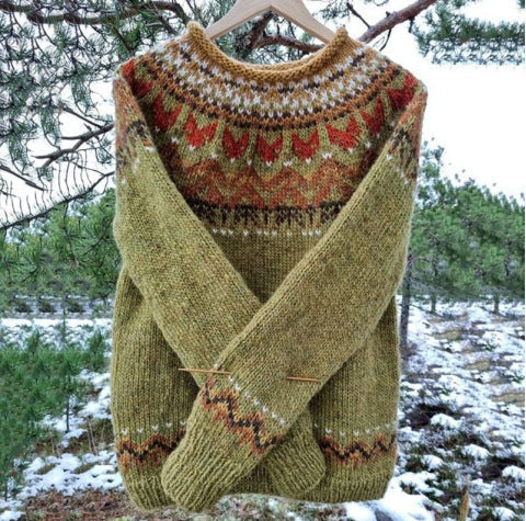 Ingrid | Pull pour femme à motif islandais, col rond et manches longues