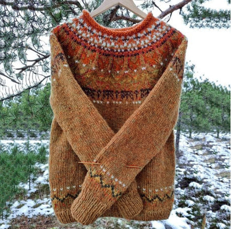 Ingrid | Pull pour femme à motif islandais, col rond et manches longues