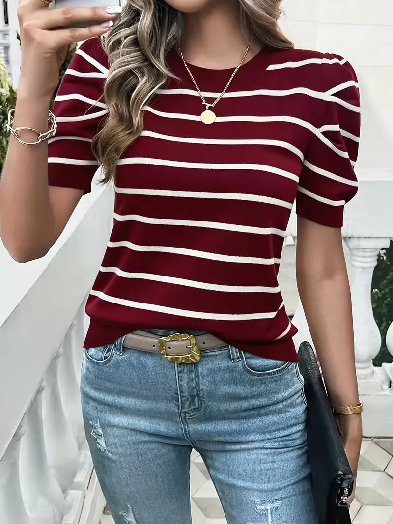 Mies | Top rayé pour femme, à manches bouffantes, col rond et manches courtes