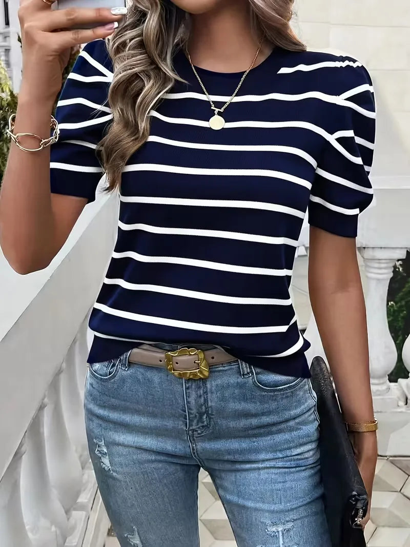 Mies | Top rayé pour femme, à manches bouffantes, col rond et manches courtes