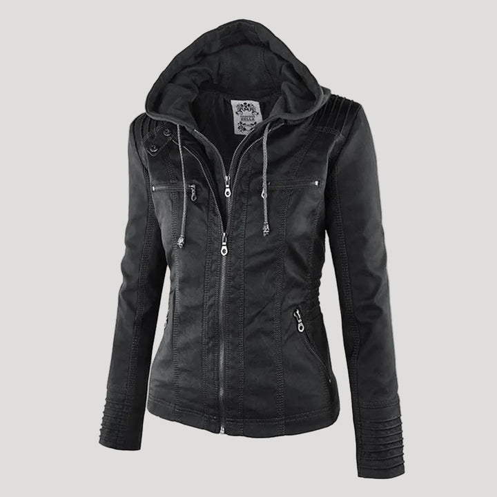 Roos | Veste biker courte cintrée pour femme avec capuche