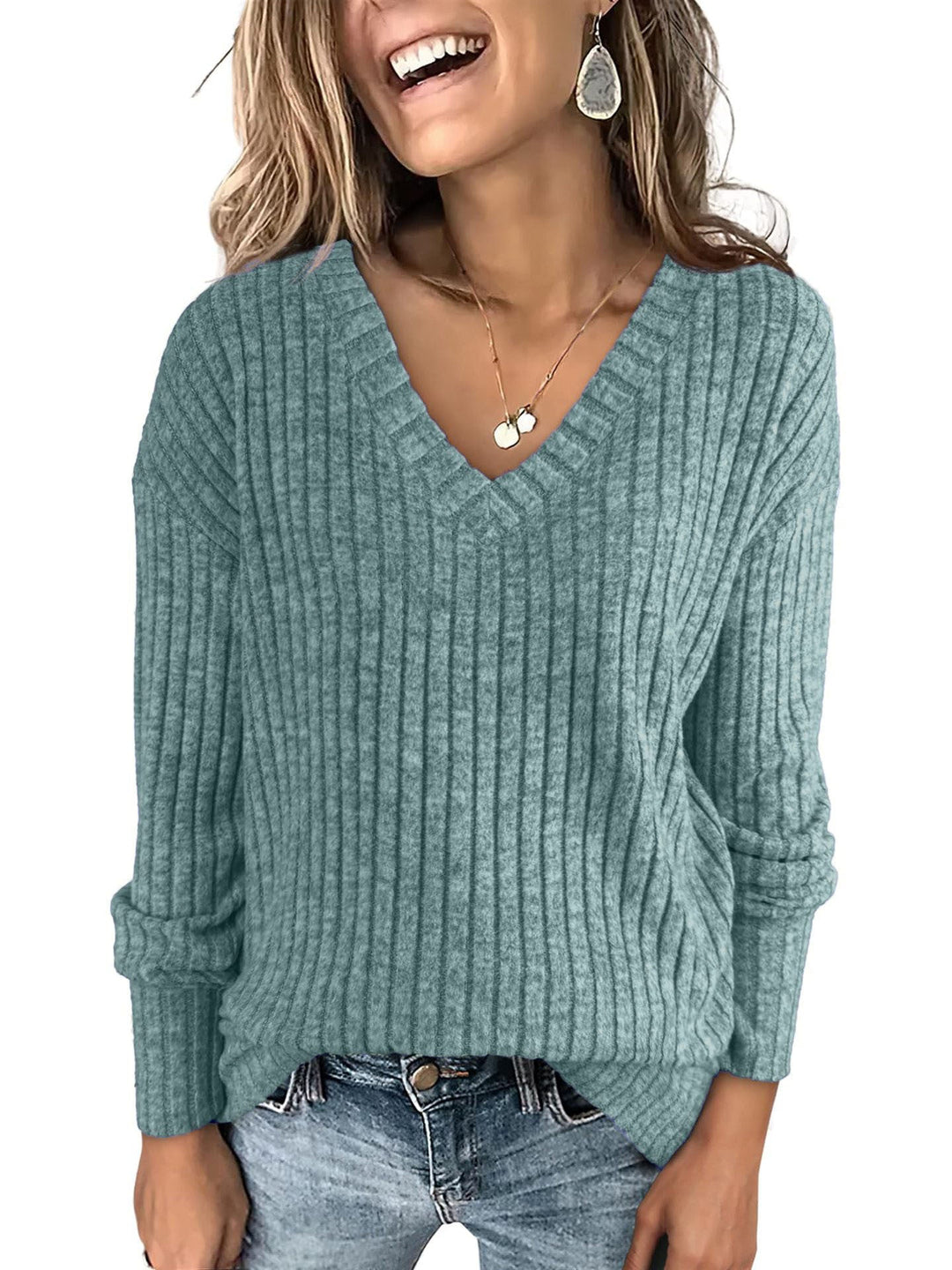 Sanne | Pull côtelé pour femme à col en V