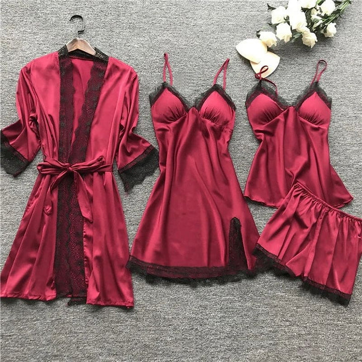 Amber bordeauxrode pyjamaset met kant, compleet vierdelig setje