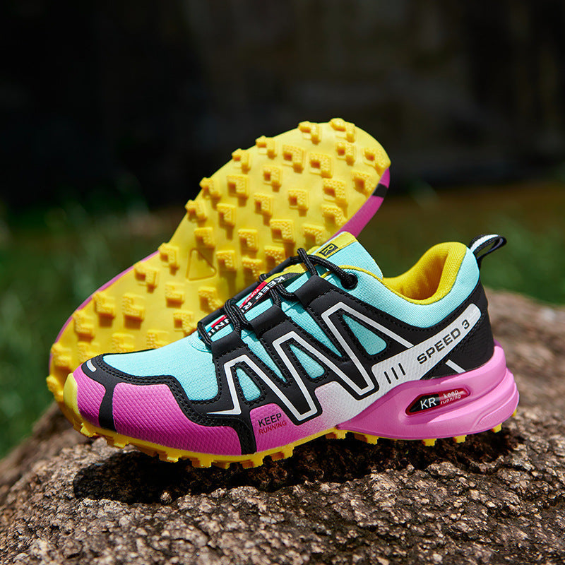 Anouk turquoise en roze trail hardloopschoenen met gele zool