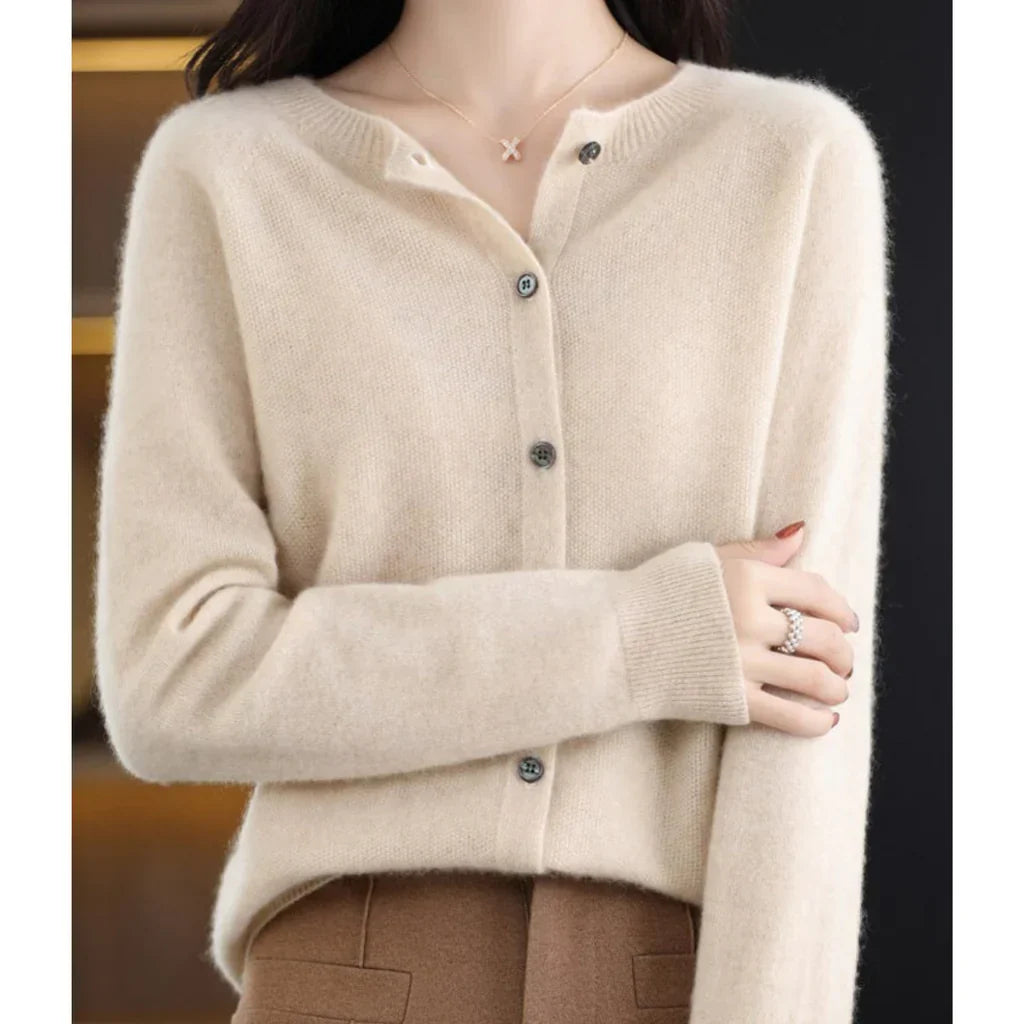 Anouk beige wollen cardigan met ronde hals, vooraanzicht