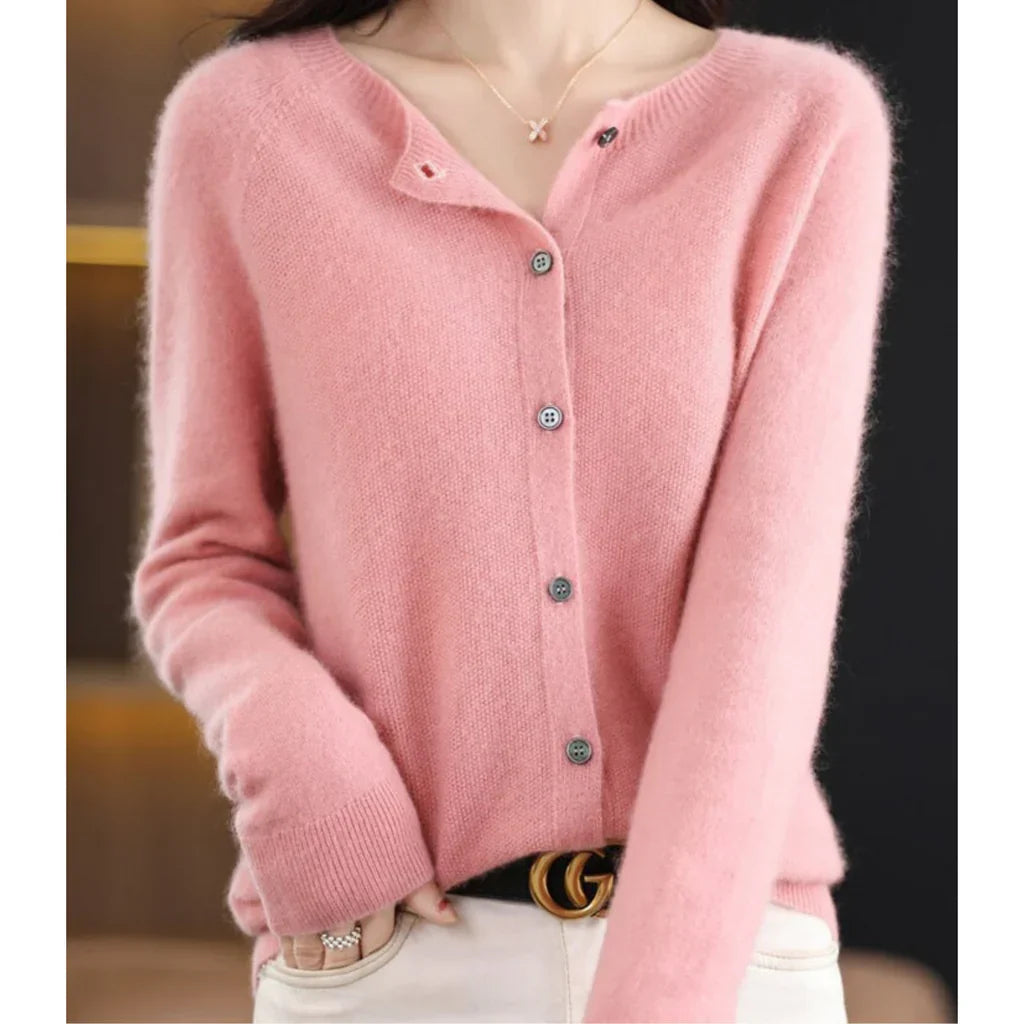 Anouk roze wollen cardigan, vooraanzicht met riem