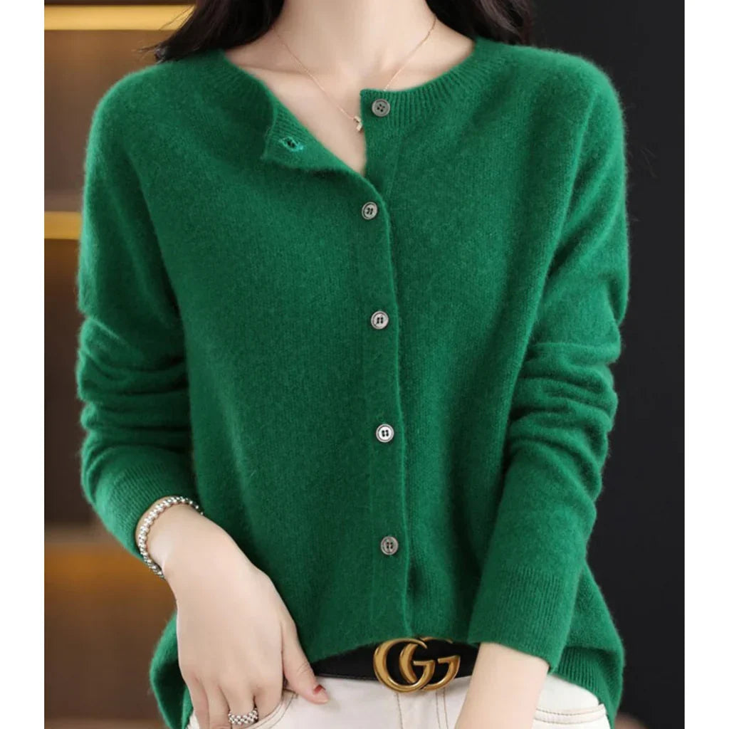 Anouk groene wollen cardigan met ronde hals en riem