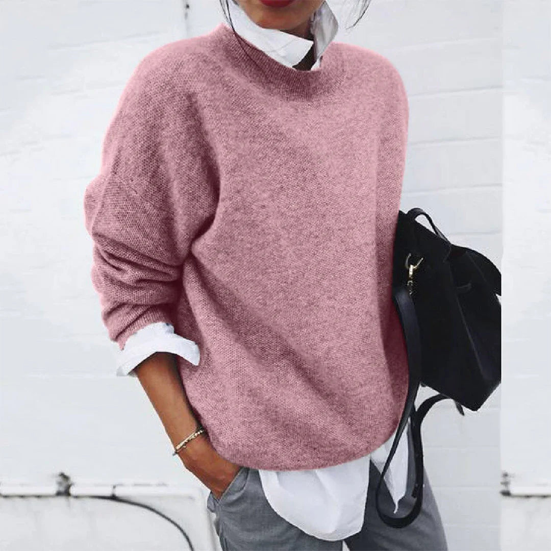 Anouk oversized gebreide trui in roze, gedragen close-up
