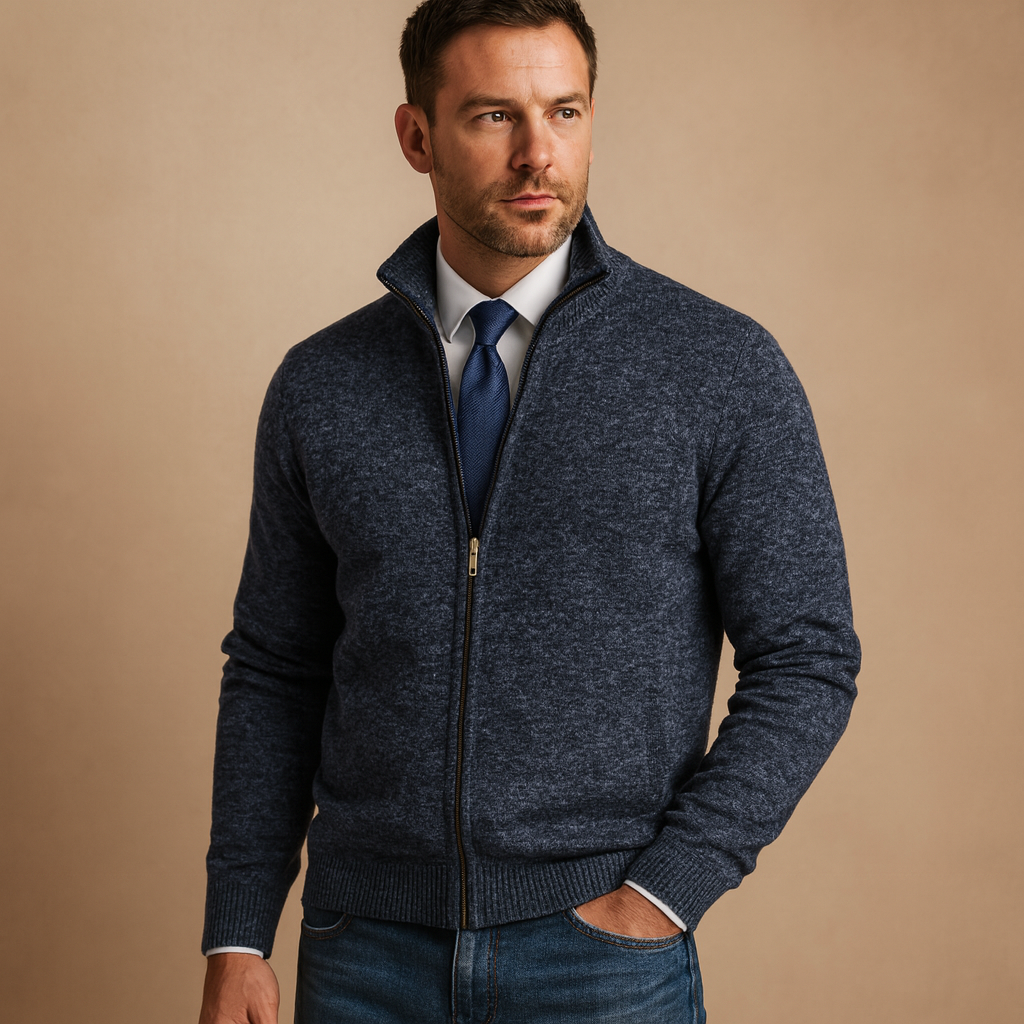 Bram marineblauw gebreid vest met ritssluiting, vooraanzicht