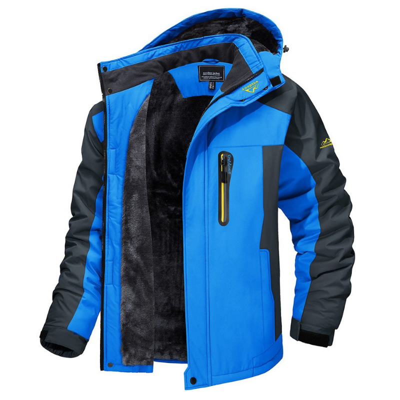 Bram blauwe outdoor winterjas met capuchon geopend, fleece voering zichtbaar
