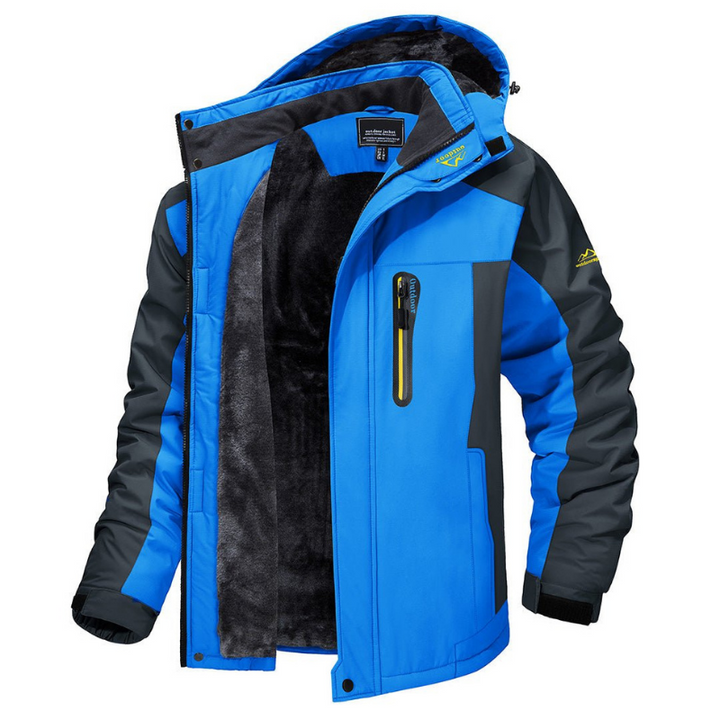 Bram blauwe outdoor winterjas met capuchon geopend, fleece voering zichtbaar