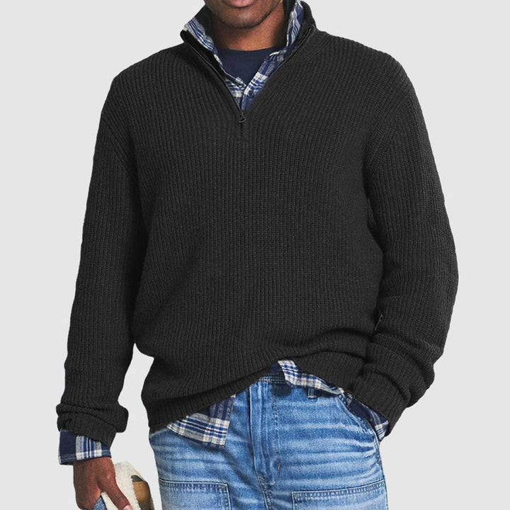 Bram zwarte rib quarter-zip gebreide pullover, vooraanzicht met geruit overhemd