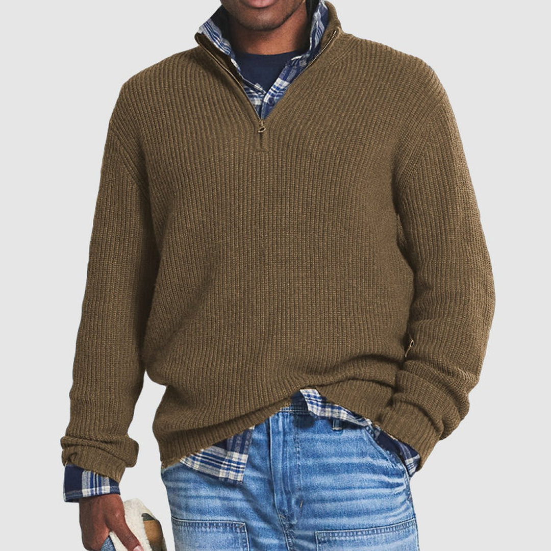 Bram bruine rib quarter-zip gebreide pullover, vooraanzicht met geruit overhemd