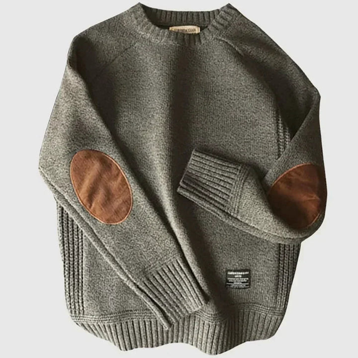 Bram grijze trui met elleboogpatches, vooraanzicht plat gelegd