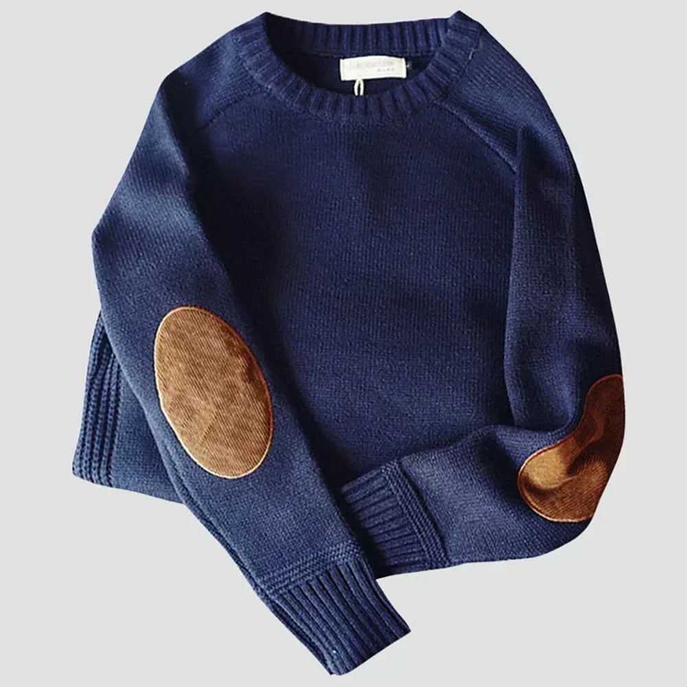 Bram marineblauwe trui met elleboogpatches, vooraanzicht plat gelegd
