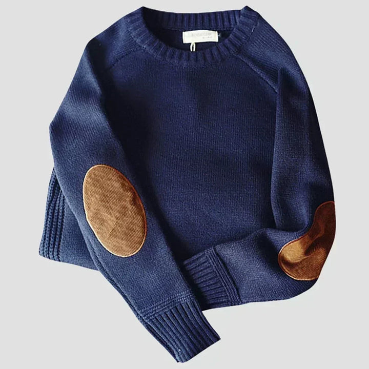 Bram marineblauwe trui met elleboogpatches, detail mouw en manchet