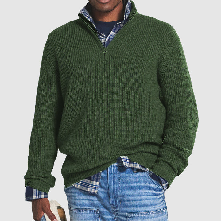 Bram geribbelde quarter zip trui in groen, vooraanzicht