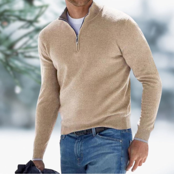 Casper fijngebreide half-rits trui in beige, vooraanzicht