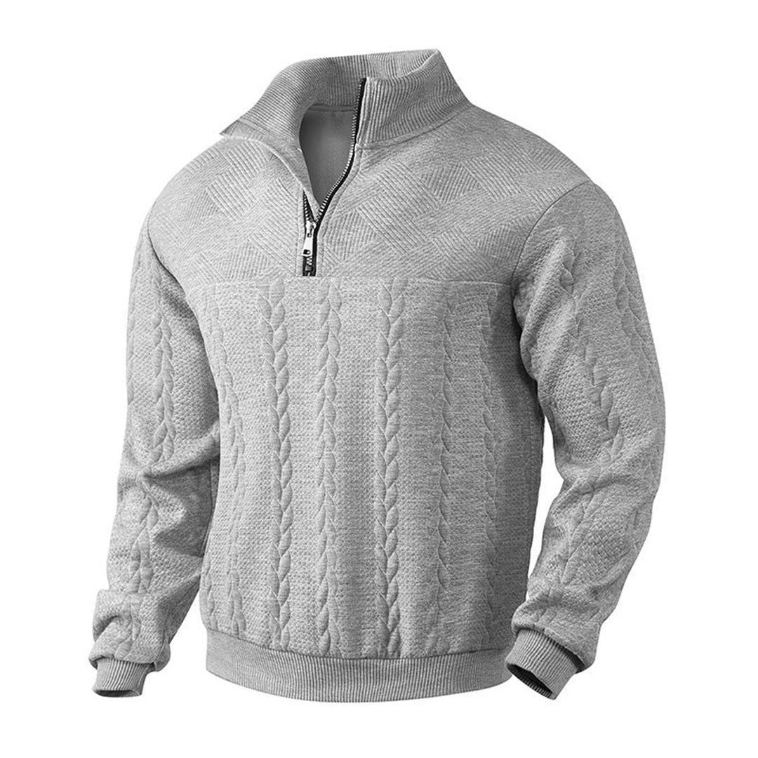 Casper grijs gemêleerde kabelbrei sweater met kwart rits, vooraanzicht