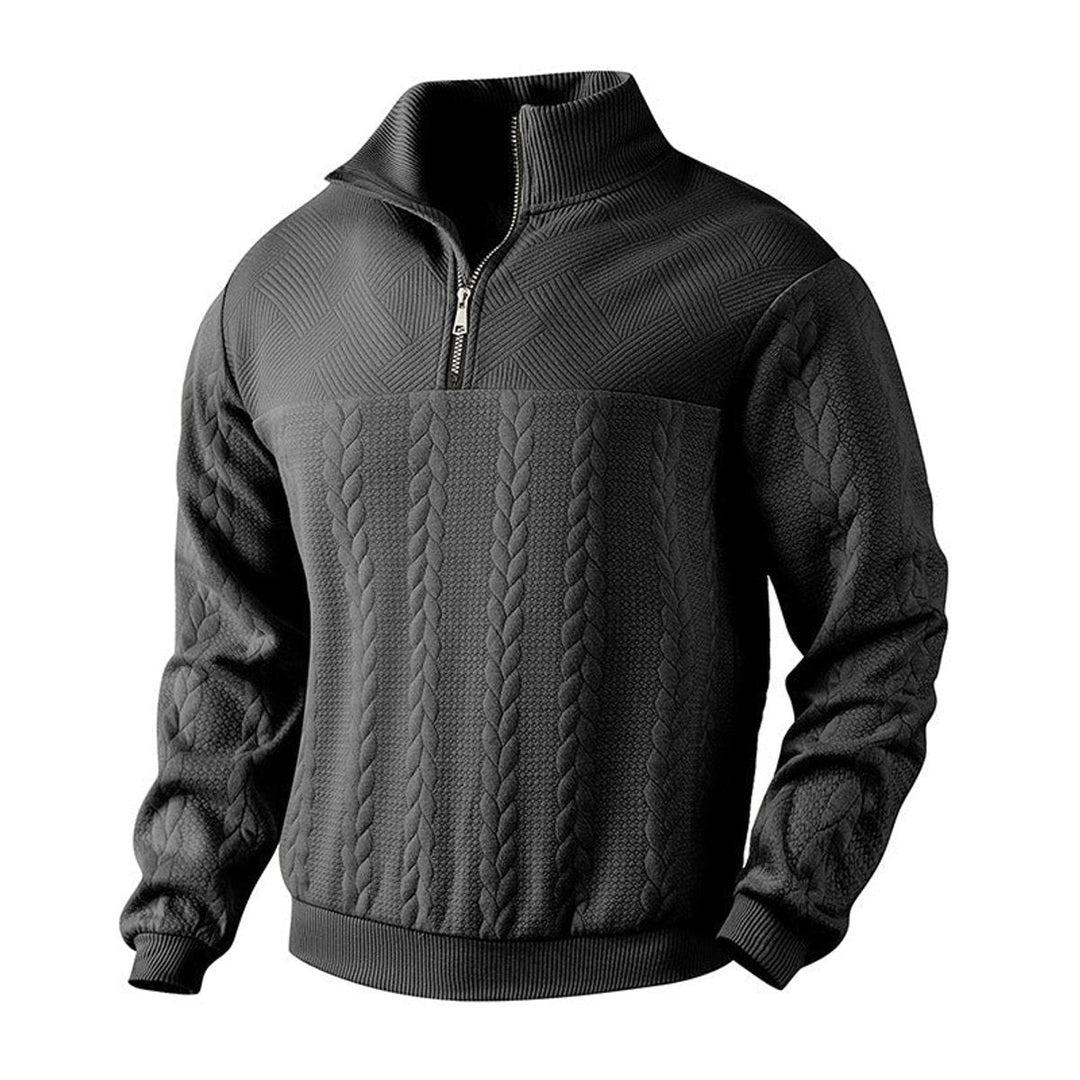 Casper zwarte kabelbrei sweater met kwart rits, vooraanzicht
