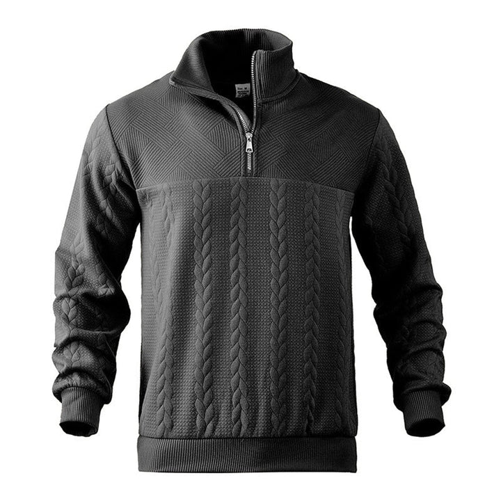 Casper zwarte kabelbrei sweater met kwart rits, close-up vooraanzicht