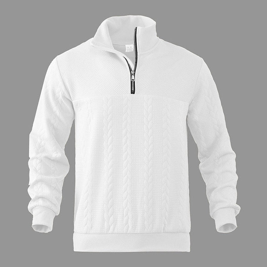 Casper witte kabelbrei sweater met kwart rits, close-up vooraanzicht