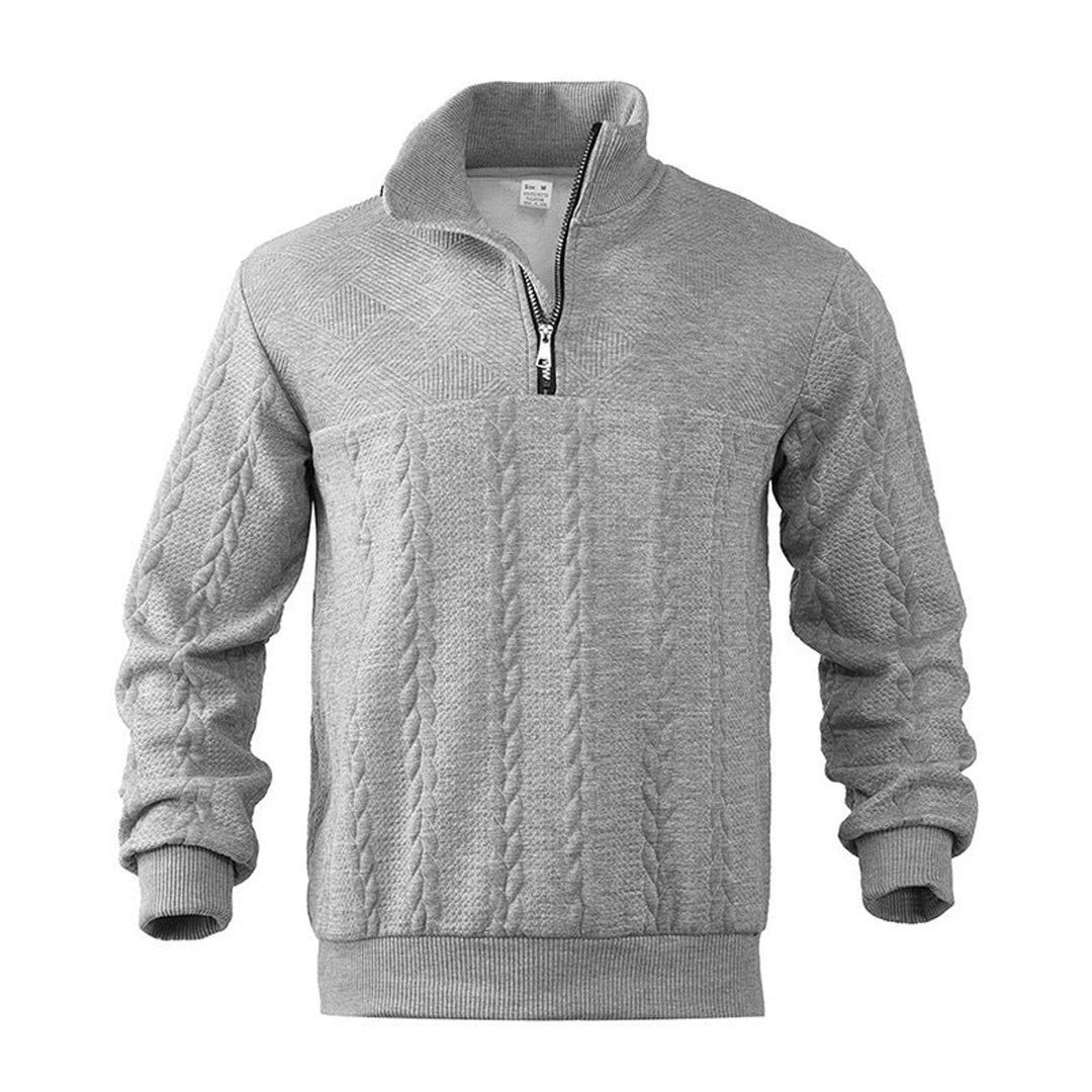 Casper grijs gemêleerde kabelbrei sweater met kwart rits, close-up vooraanzicht