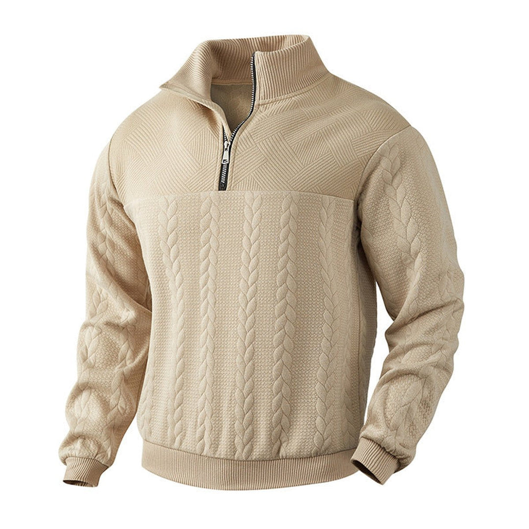 Casper beige kabelbrei sweater met kwart rits, close-up vooraanzicht