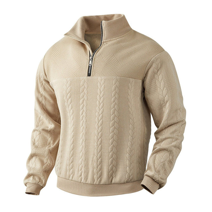 Casper beige kabelbrei sweater met kwart rits, close-up vooraanzicht