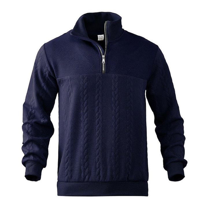 Casper marineblauwe kabelbrei sweater met kwart rits, vooraanzicht