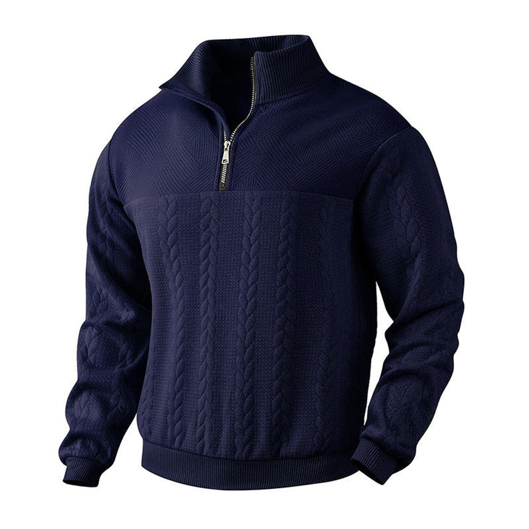 Casper marineblauwe kabelbrei sweater met kwart rits, close-up vooraanzicht