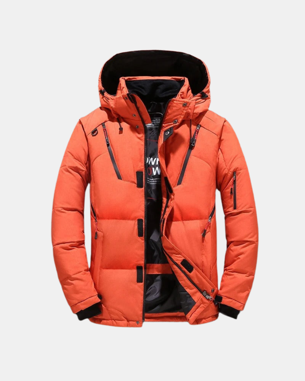 Daan oranje getailleerde winterjas met capuchon, vooraanzicht