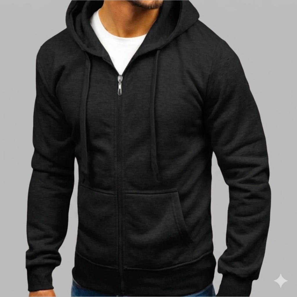 Daan zwarte zip-up hoodie met capuchon, vooraanzicht