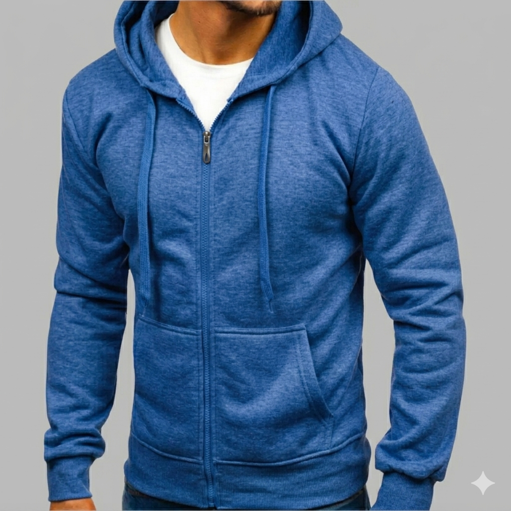 Daan blauwe zip-up hoodie met capuchon, vooraanzicht