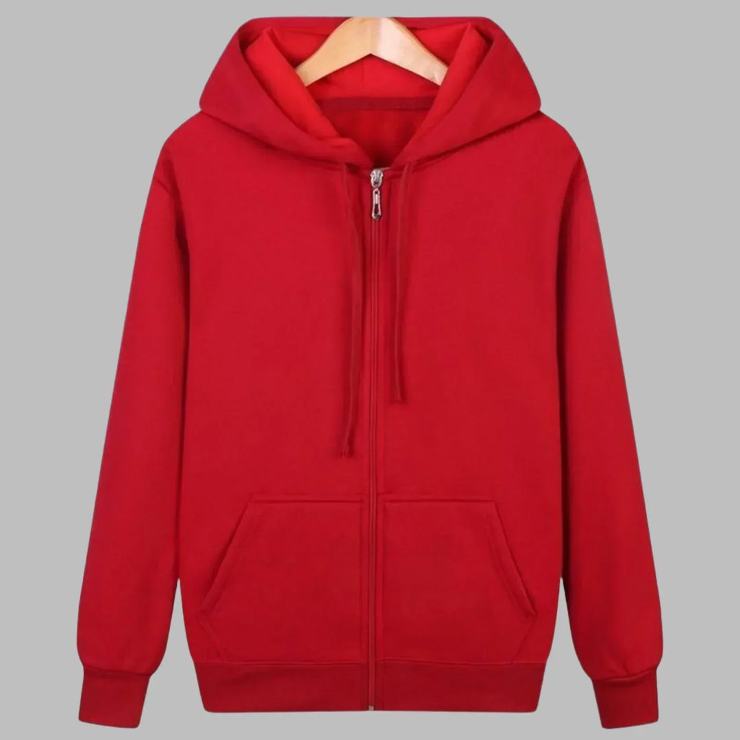 Rode zip-up hoodie aan hanger, vooraanzicht