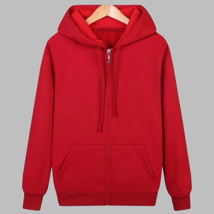 Rode zip-up hoodie aan hanger, vooraanzicht