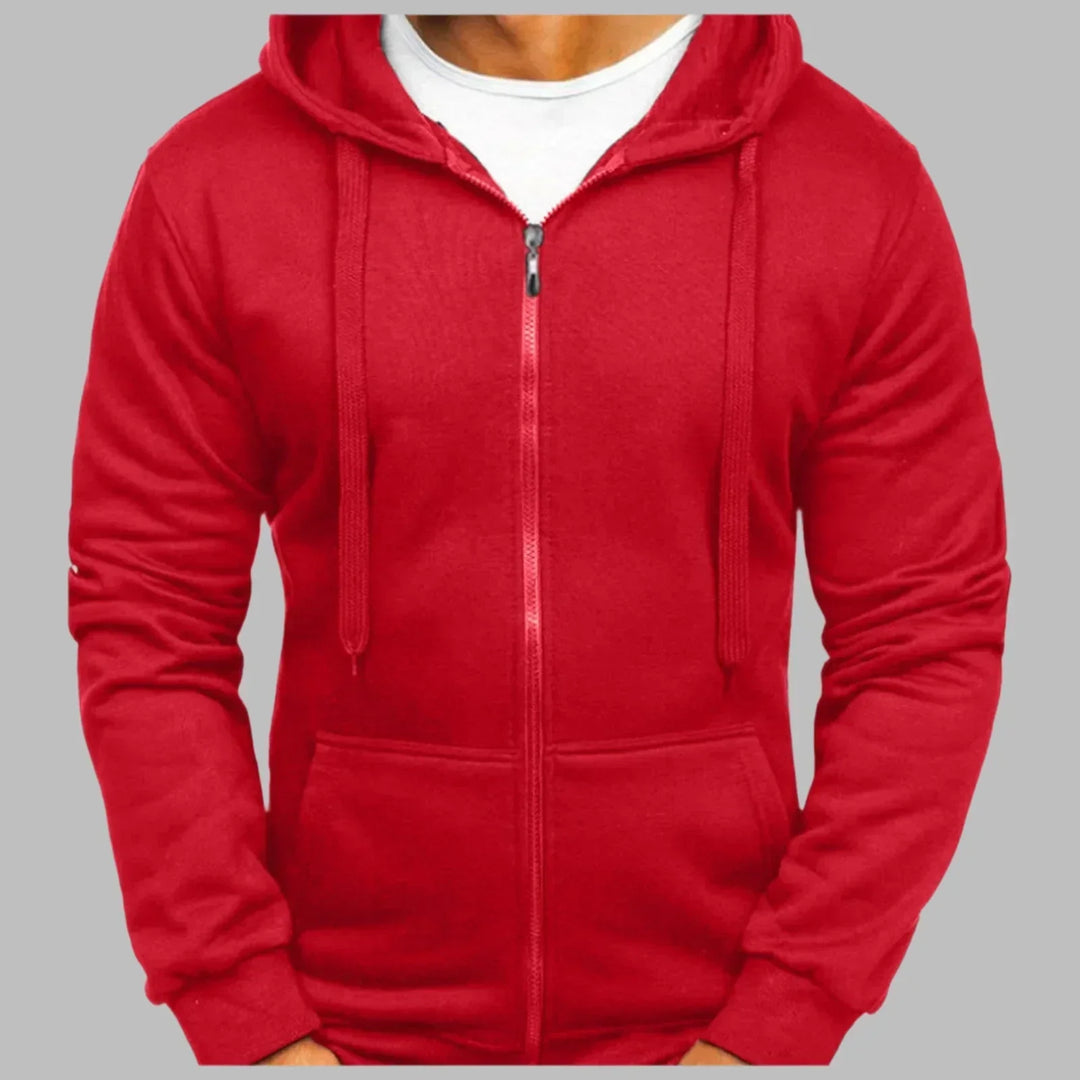 Daan rode zip-up hoodie, close-up voorpand