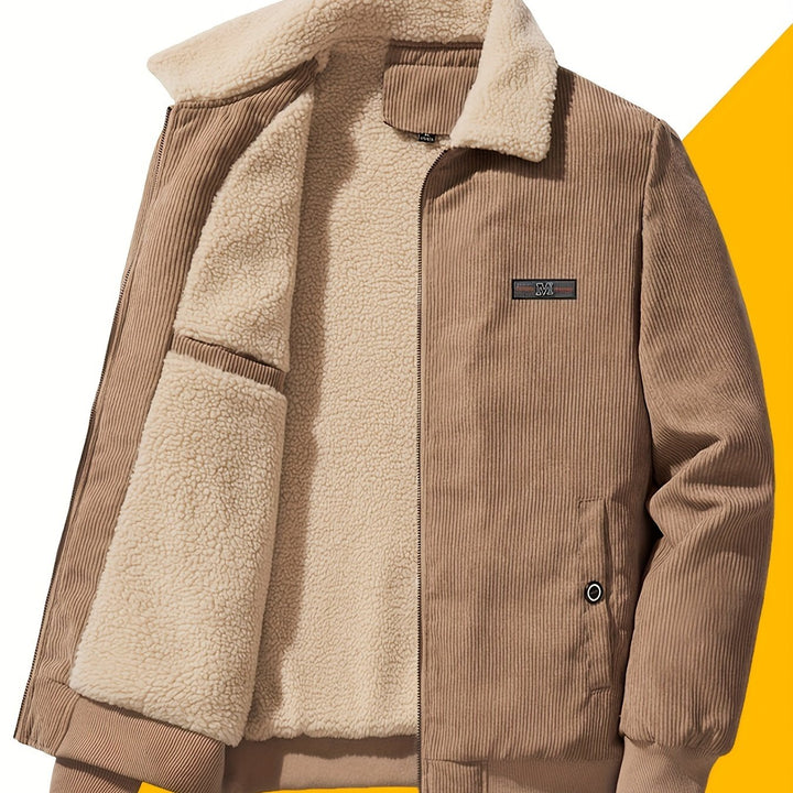 Daan corduroy bomberjack in beige, geopend close-up voorpand