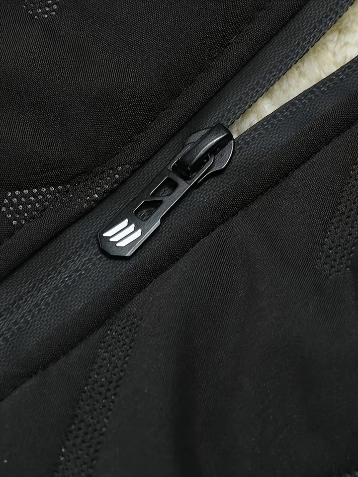 Detail van de zwarte rits met logo op de Daan bodywarmer