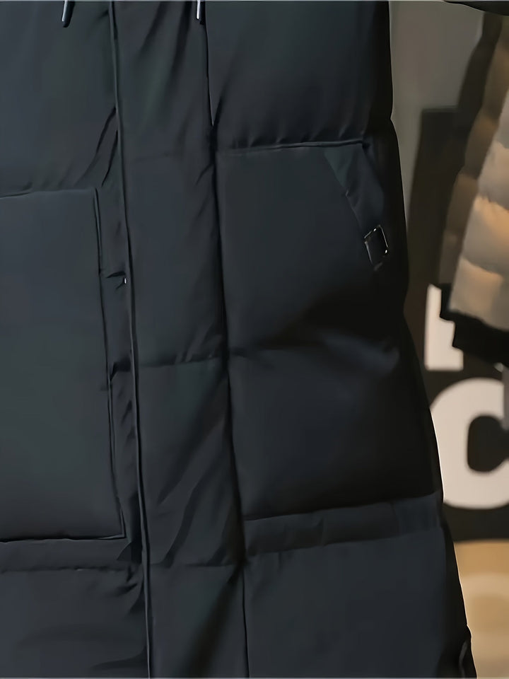 Daan zwarte jas zakdetail met drukknoop dichtbij