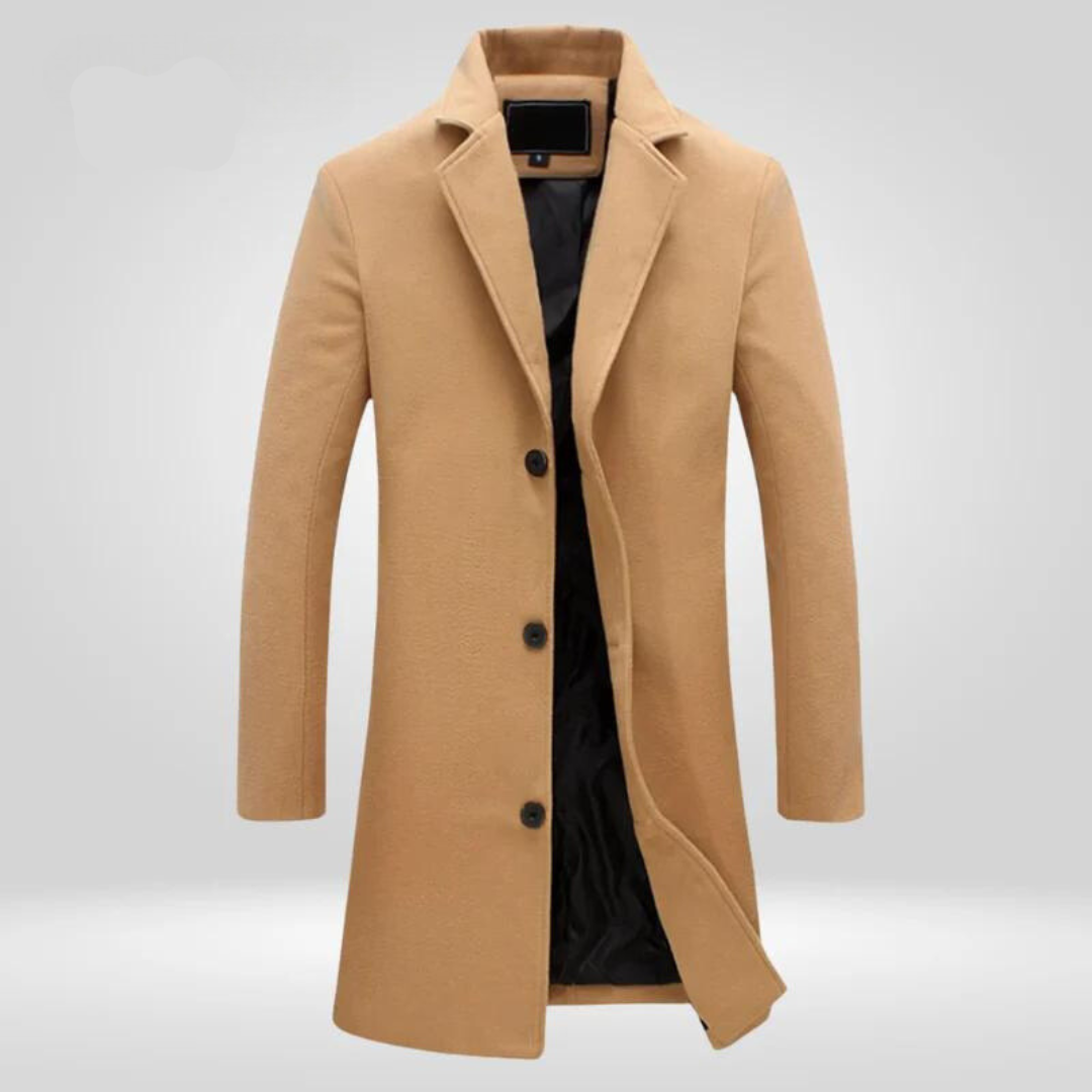 Daan klassieke lange winterjas in camel, vooraanzicht