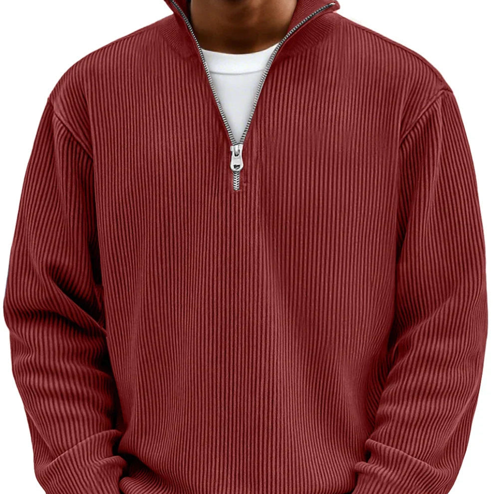 Daan ribgebreide half-zip sweater in roodbruin, close-up kraag en rits