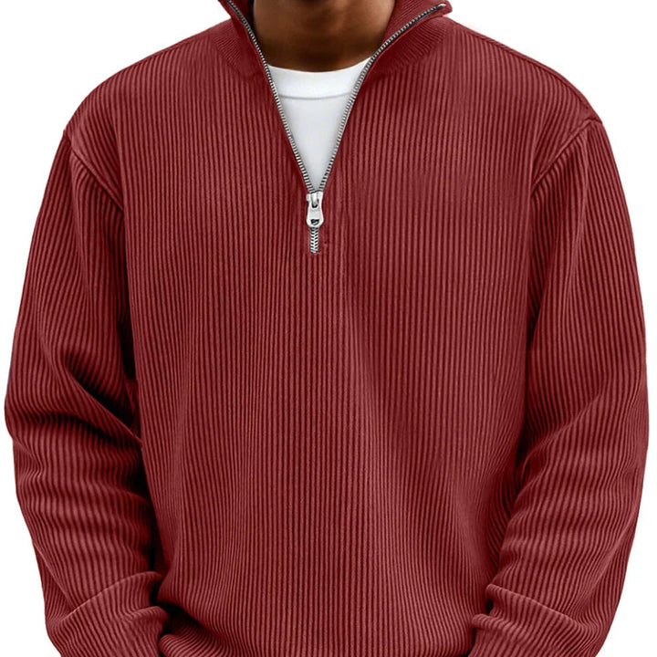 Daan ribgebreide half-zip sweater in roodbruin, close-up kraag en rits