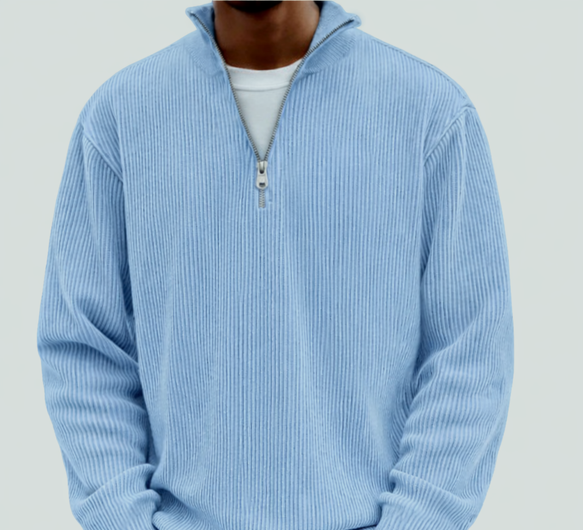 Daan ribgebreide half-zip sweater in lichtblauw, vooraanzicht close-up