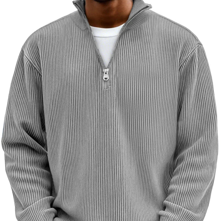 Daan ribgebreide half-zip sweater in grijs, close-up kraag en rits