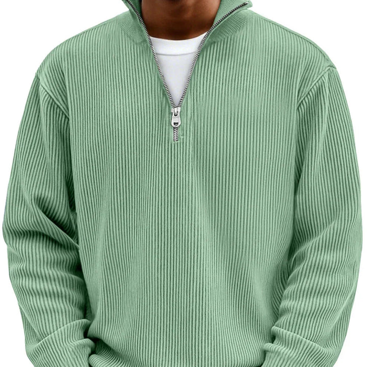 Daan ribgebreide half-zip sweater in groen, close-up kraag en rits