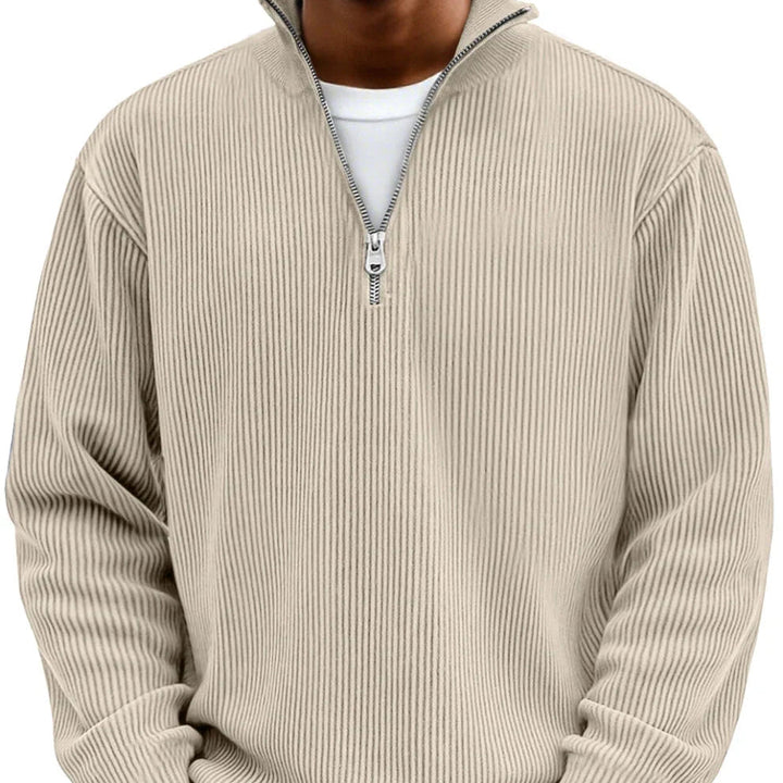 Daan ribgebreide half-zip sweater in beige, close-up kraag en rits