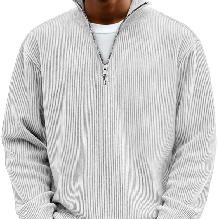 Daan ribgebreide half-zip sweater in wit, close-up kraag en rits